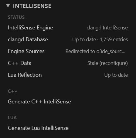The IntelliSense section: Status rows for engine, clangd database, engine sources, C++ data, and Lua reflection, then Generate buttons for C++ and Lua.