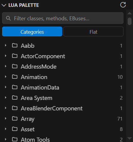 The Lua Palette view: a filter box, Categories and Flat toggles, and a category tree with symbol counts.