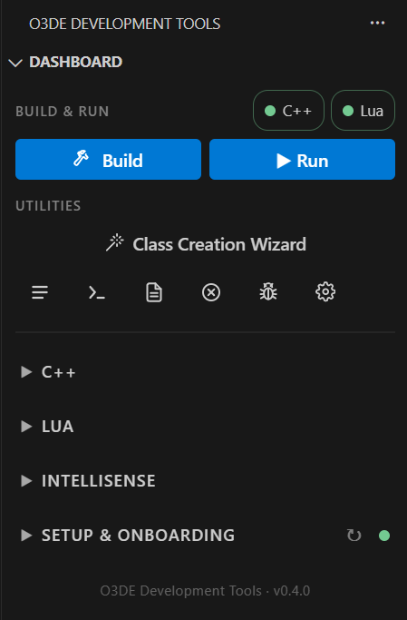 The O3DE Development Tools dashboard, with Build and Run buttons, a utilities row, and collapsed C++, Lua, IntelliSense, and Setup & Onboarding sections.