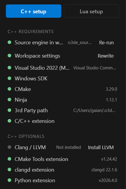 The C++ setup panel: C++ requirements and C++ optionals, each with a status dot.