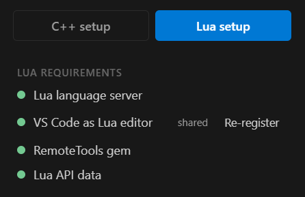 The Lua setup panel listing four Lua requirements, all ready.