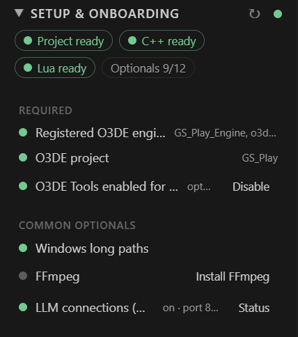 The Setup & Onboarding section: readiness pills, then Required and Common Optionals rows.