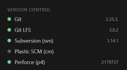 The Version Control list: Git, Git LFS, Subversion, Plastic SCM, and Perforce, with installed versions.